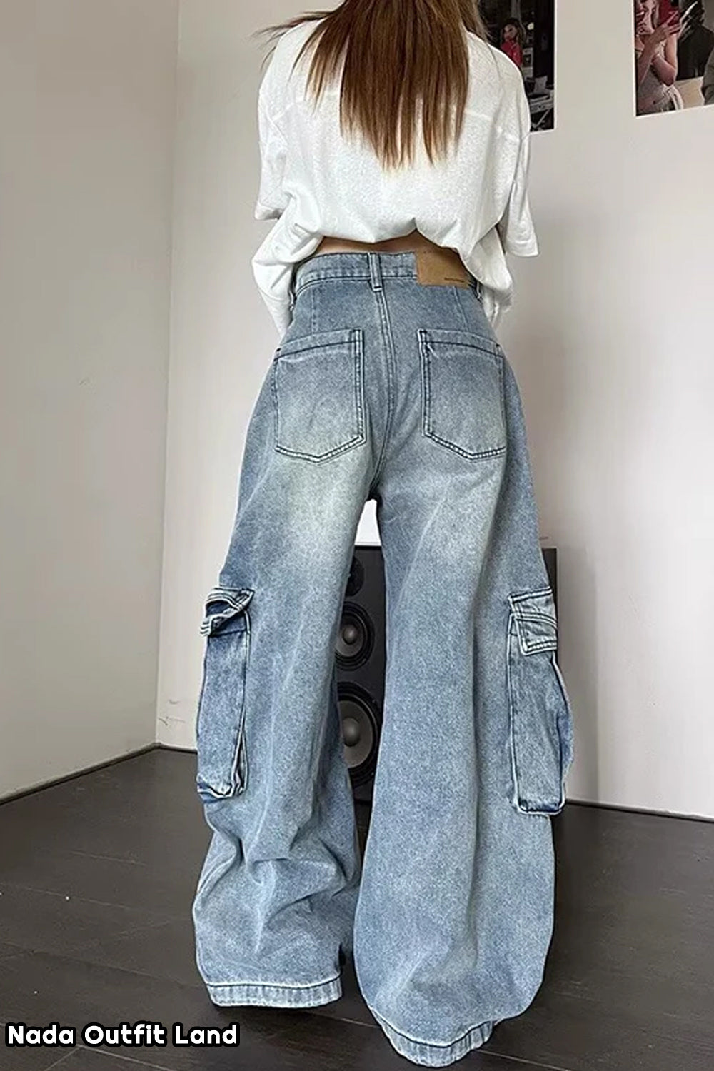 High Waist Retro Cargo Pockets Women Jeans Pants