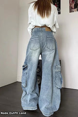 High Waist Retro Cargo Pockets Women Jeans Pants