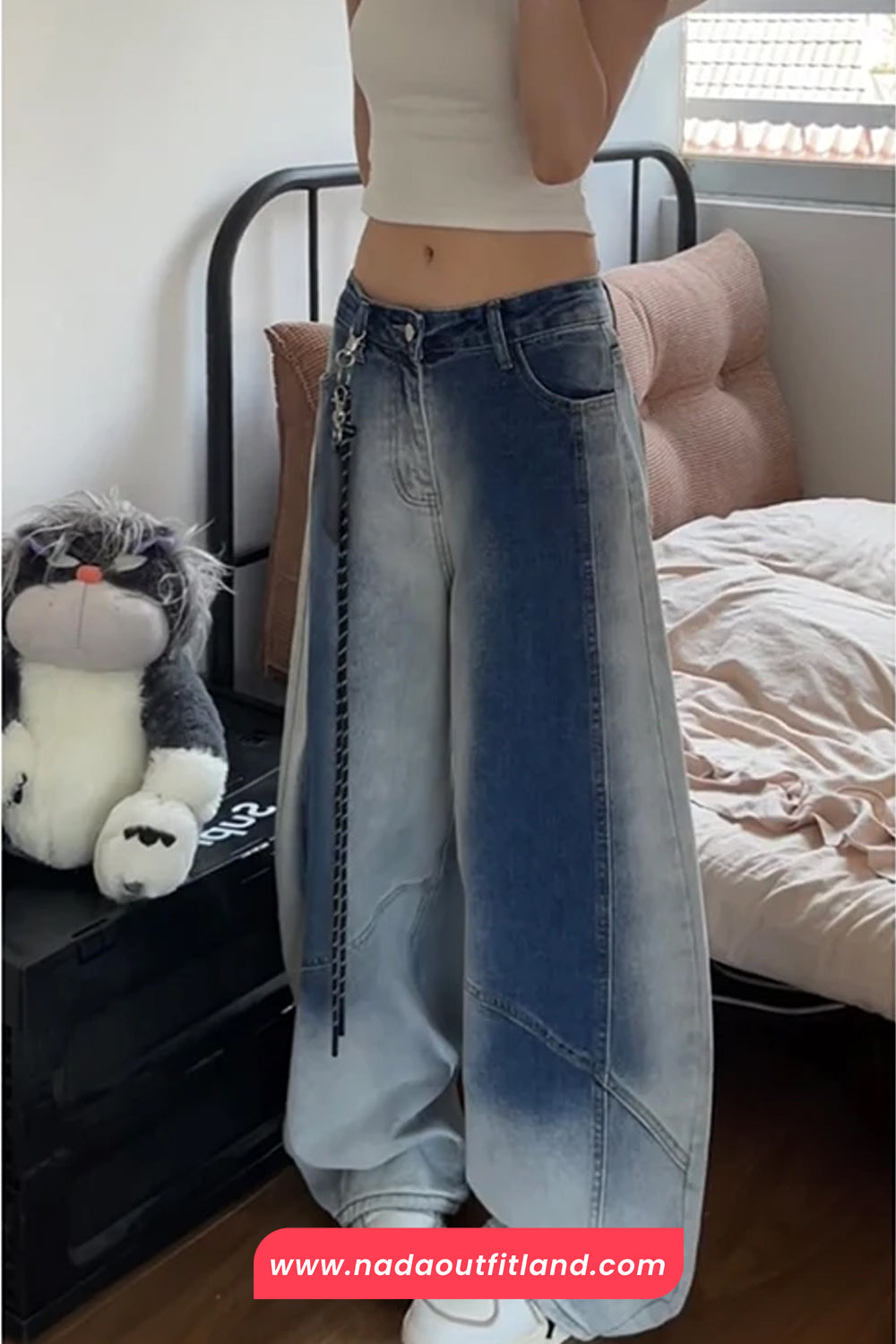 High Waist Loose Dark Blue Gradient Jeans Pants