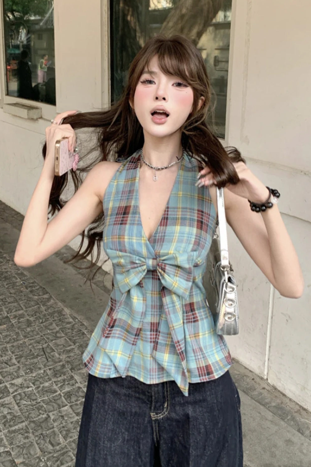 Sexy Retro Plaid Halter Bow Tie Cropped Tops