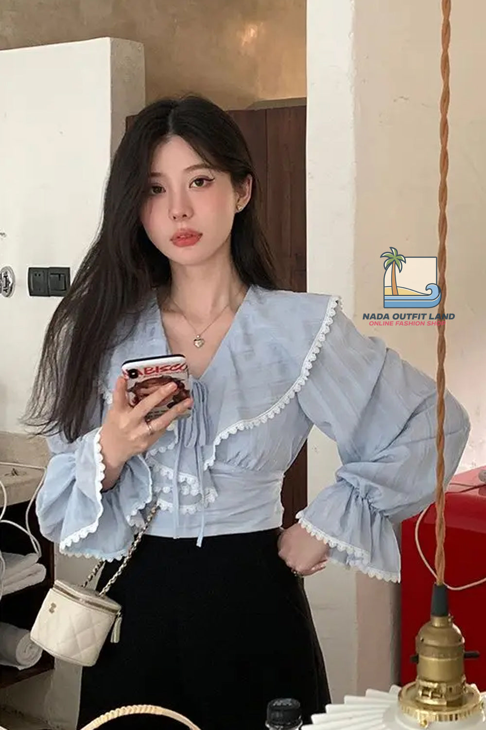 Flare Sleeve Sweet Lace Bandage Slim Blouse Shirt
