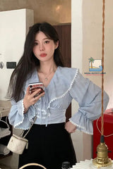Flare Sleeve Sweet Lace Bandage Slim Blouse Shirt