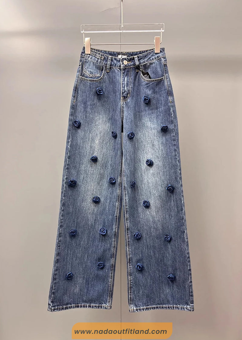 High Waist 3D Flower Pattern Long Jeans Pants