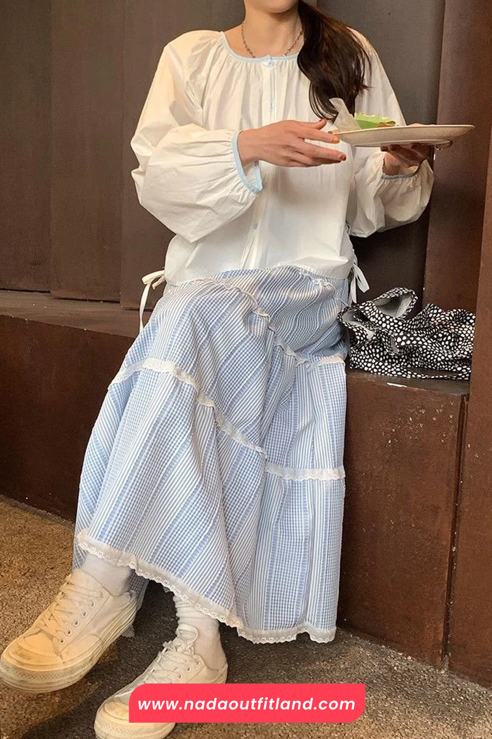 High Waist Cute Plaid Lace Patchwork Long Skirts