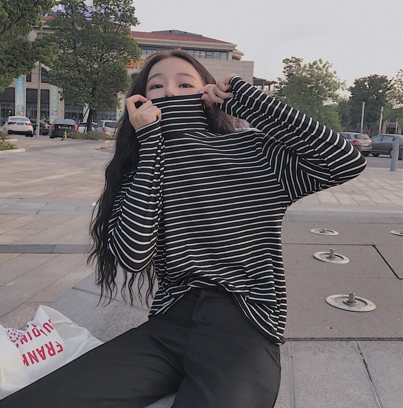 Long Sleeve Casual Black Striped Turtleneck Shirt