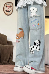 Cute 3D Cat and Dog Embroidered Casual Jeans Pants