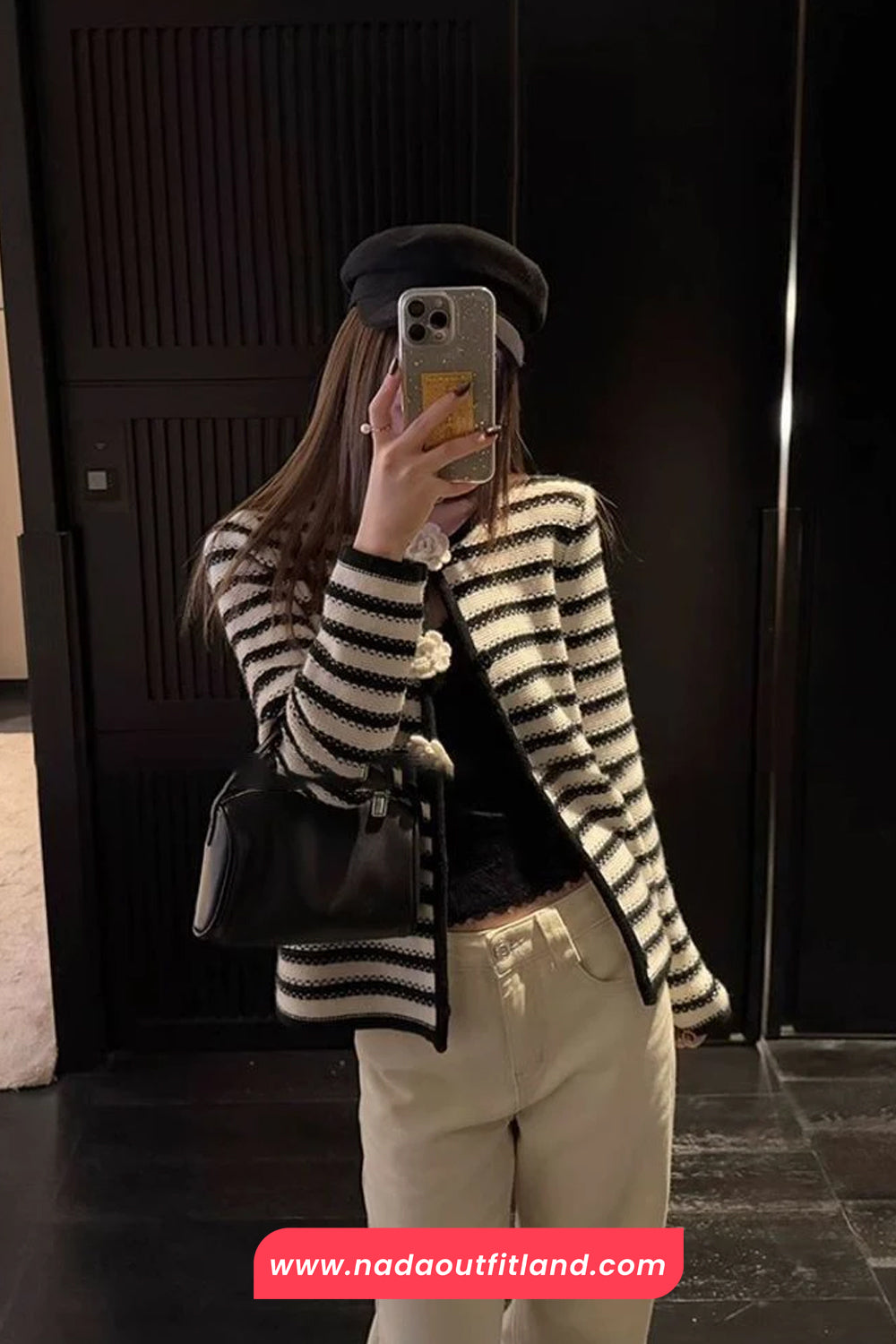 Long Sleeve 3D Flowers Striped Cardigan Sweater
