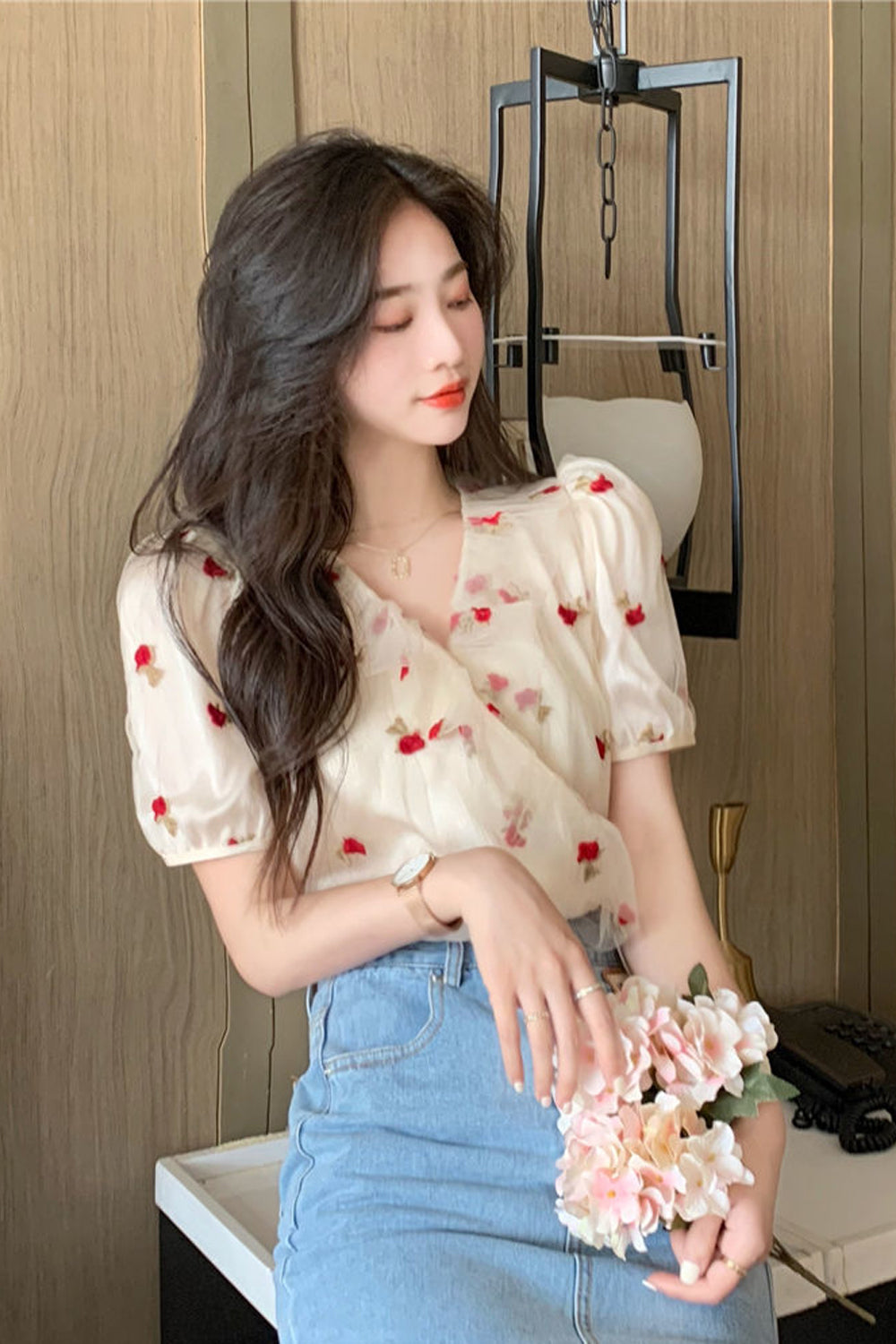 V-Neck Rose Pattern Double Mesh Blouse Shirt