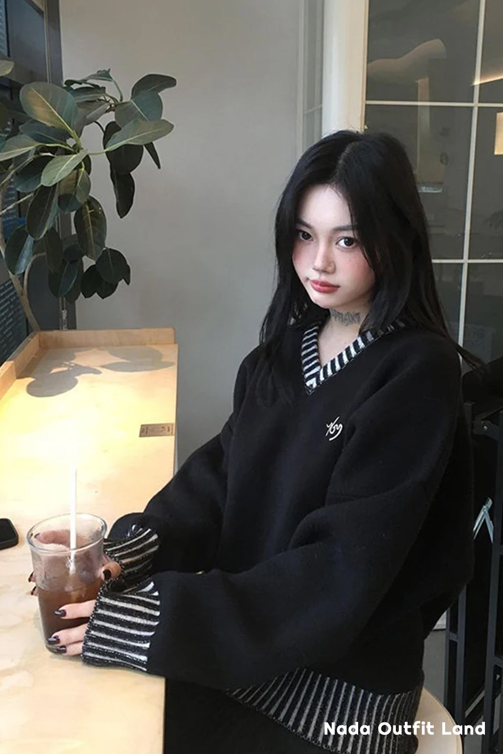 Long Sleeve Striped Style V-Neck Black Sweater