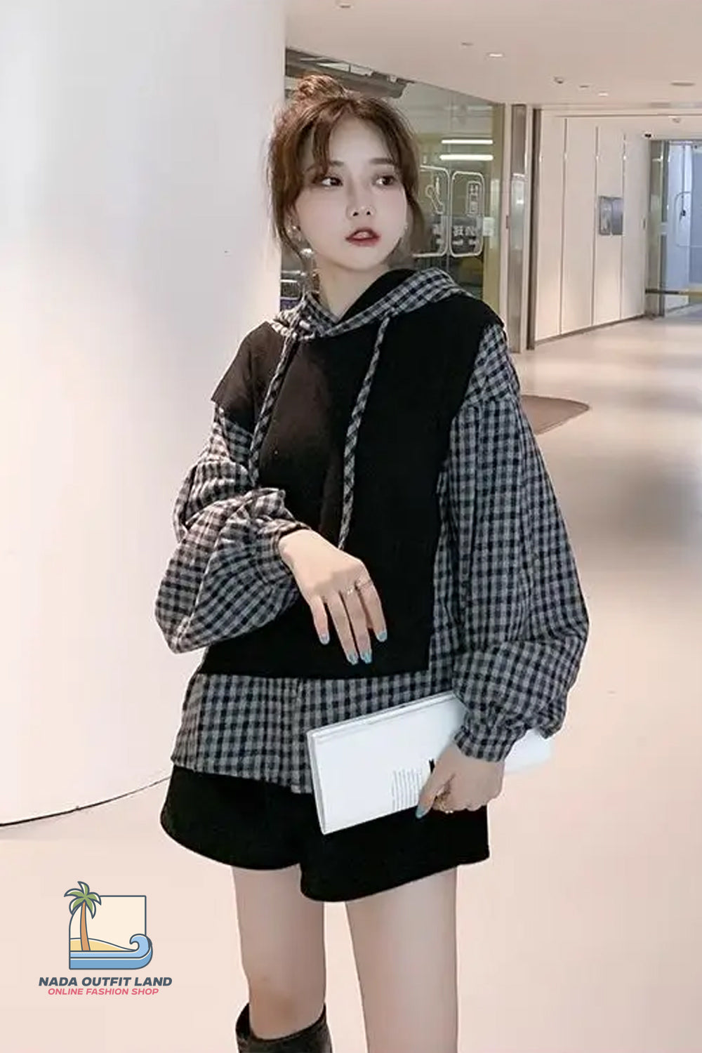Loose Two Style Hooded Plaid Sweatshirt