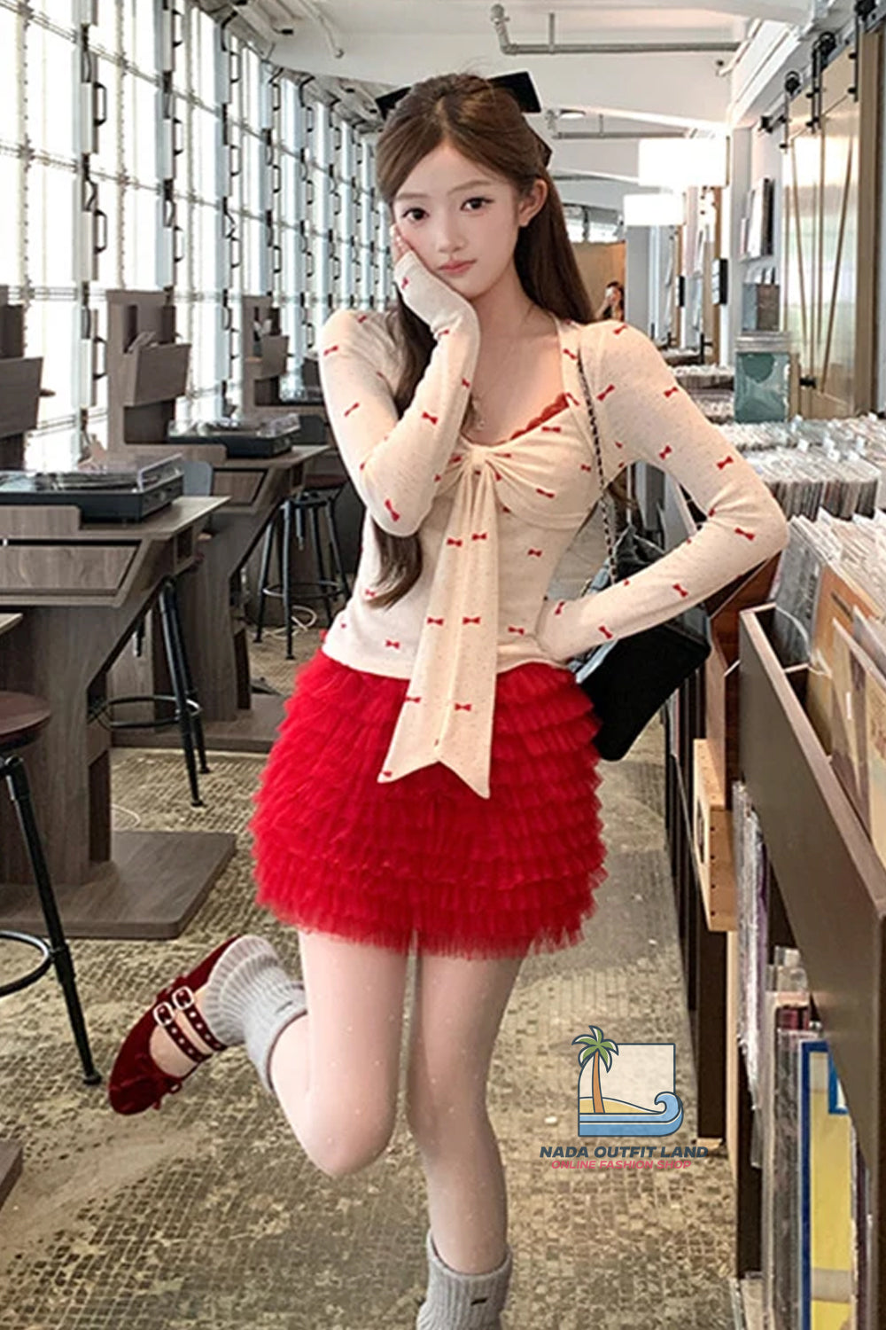 Long Sleeve Cute Bow Pattern Lace Cropped Shirt