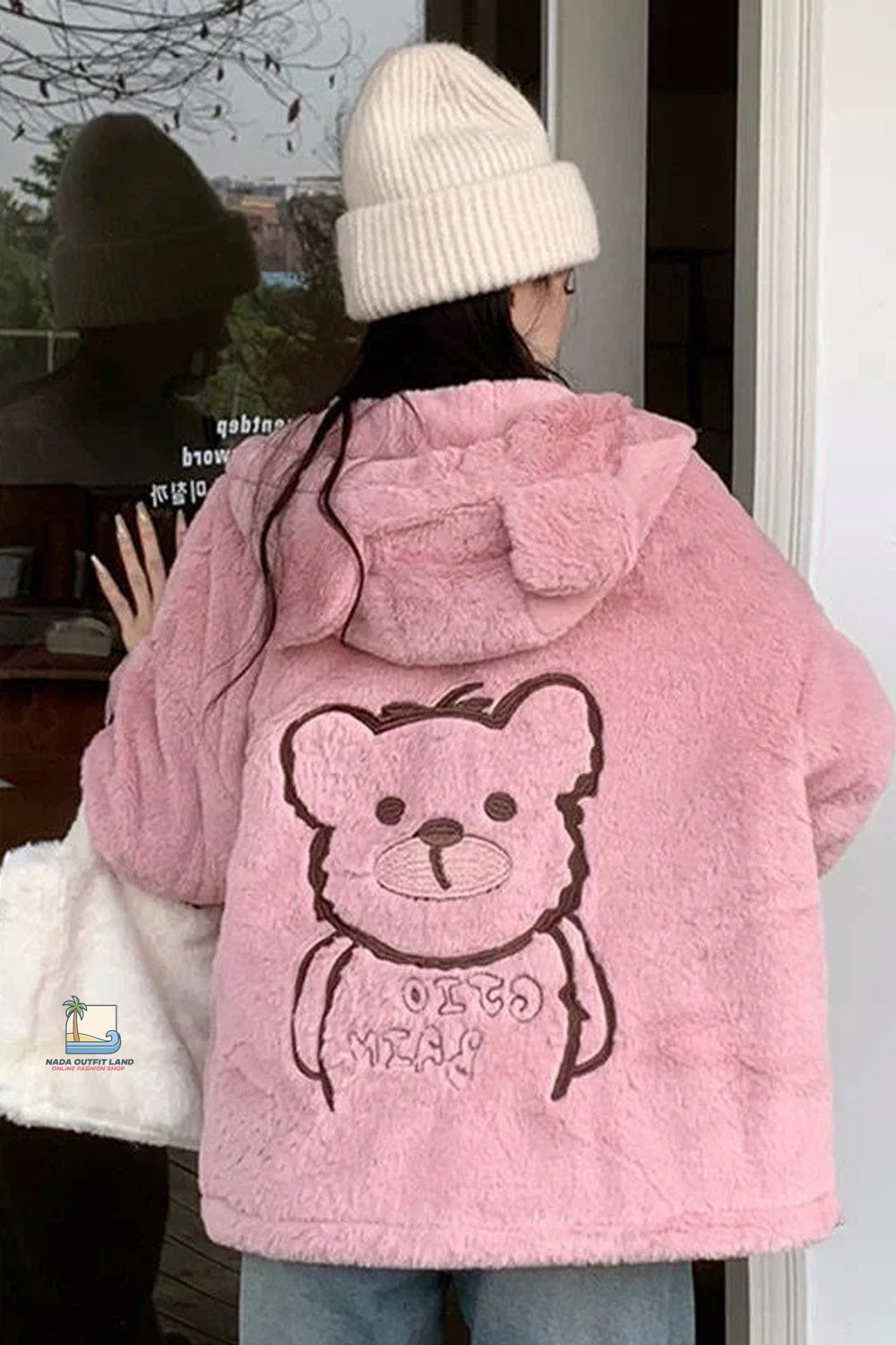 Loose Vintage Cute Bear Embroidered Faux Lamb Jacket