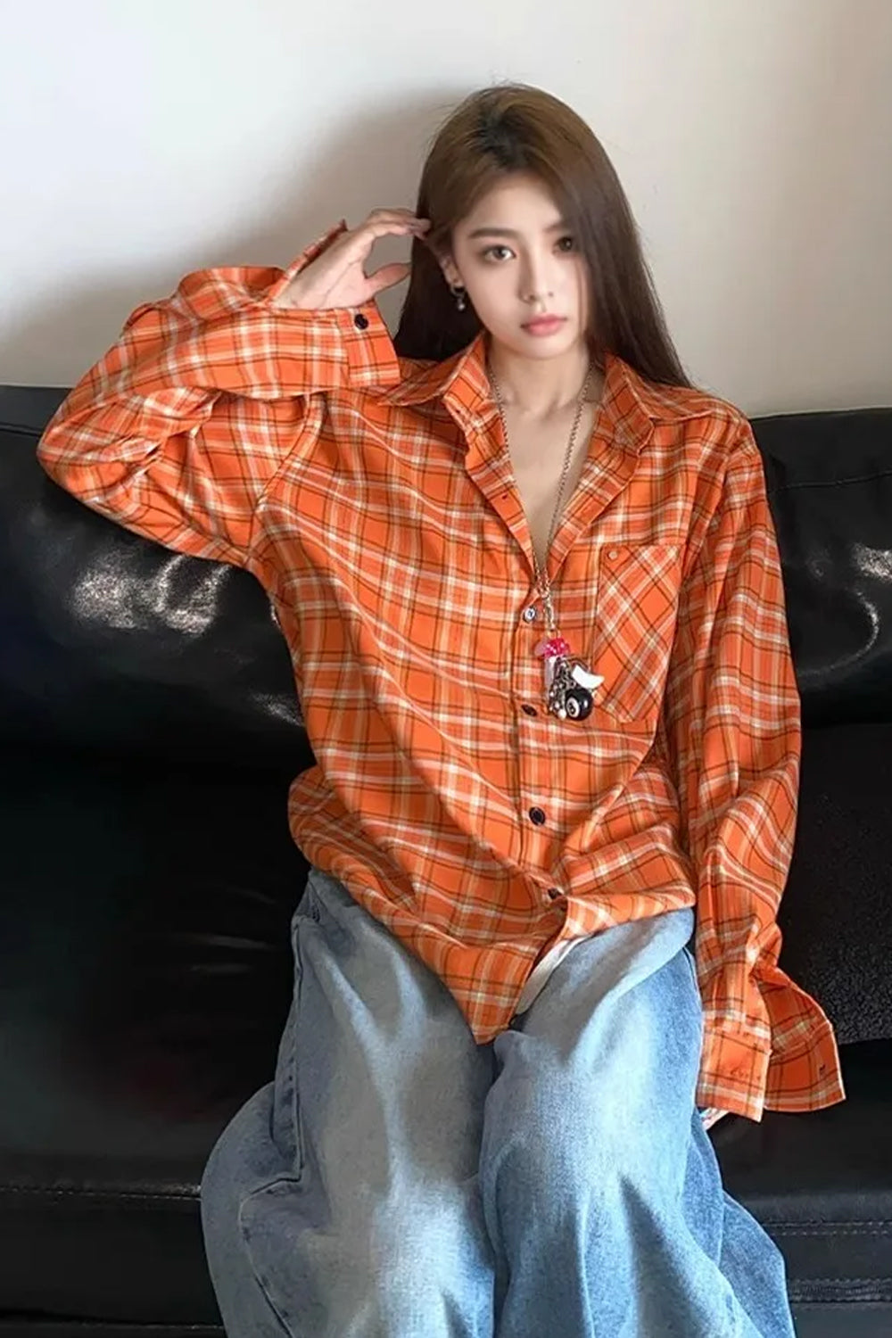 Retro Orange Plaid Blouse â€?Cozy Vintage Fall Outfit
