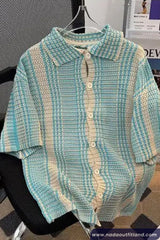 Short Sleeve Turn Down Collar Striped Style Knitted Shirt