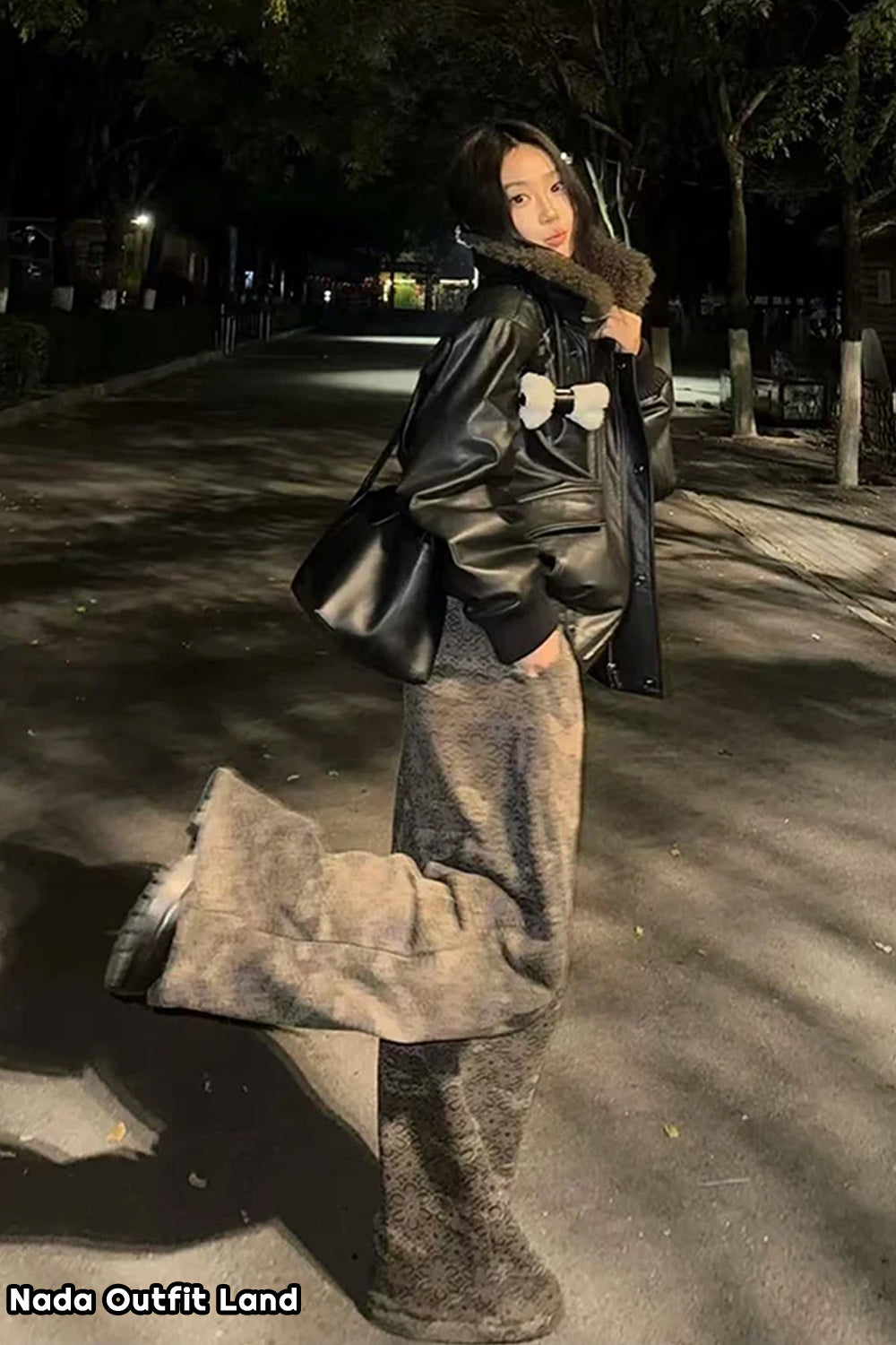 Loose Plush Collar Black Leather Jacket