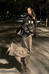 Loose Plush Collar Black Leather Jacket