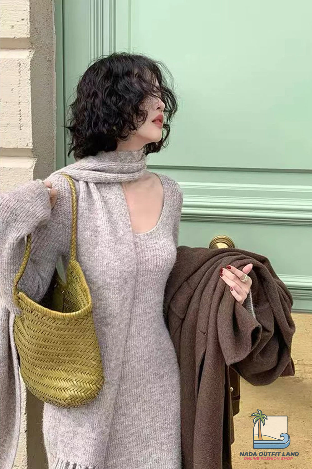 Long Sleeve Vintage Kniited Slim Fit Dress With Scarf