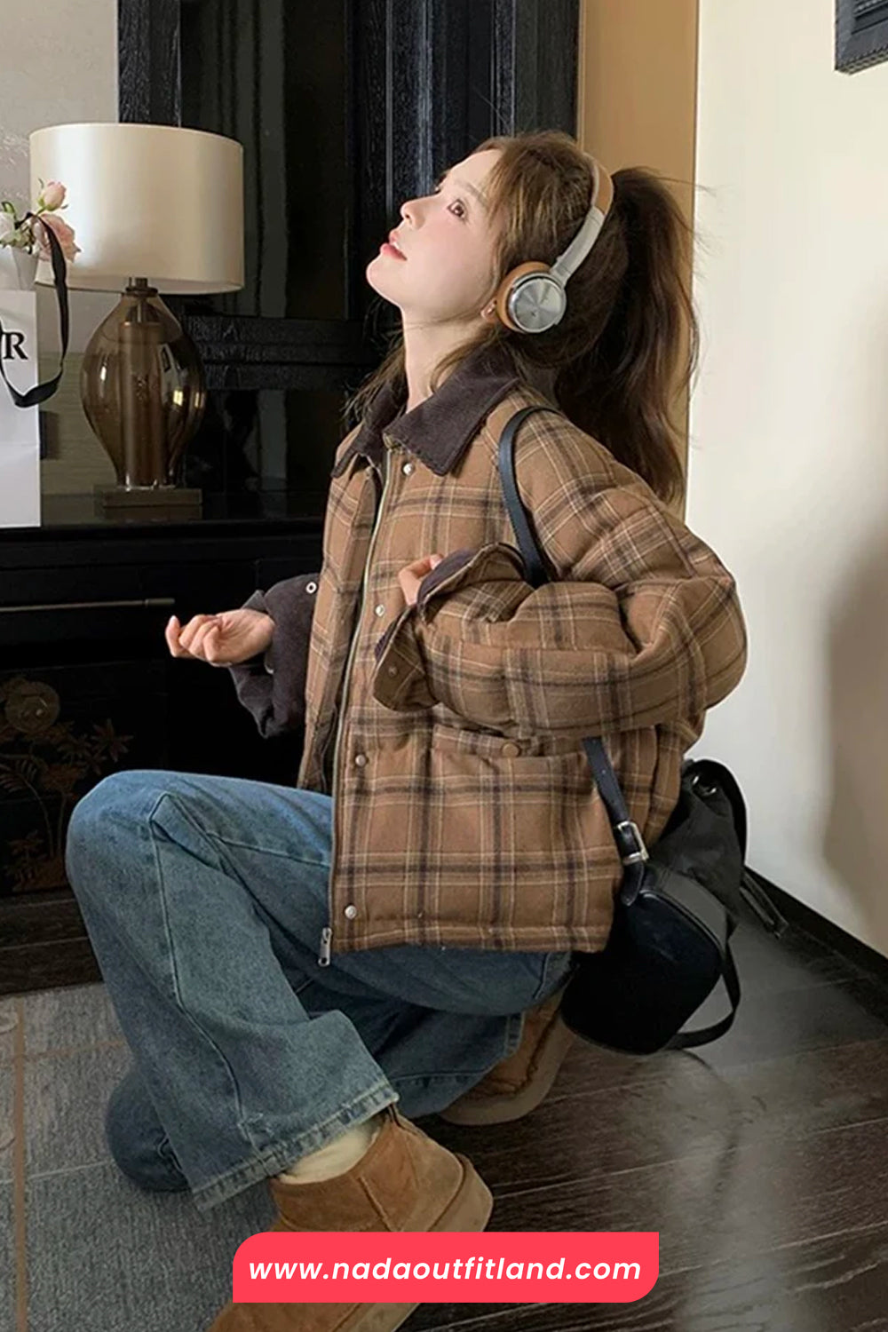Long Sleeve Turn Down Collar Retro Plaid Thick Jacket