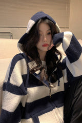 Loose Knitted Zipper Striped Hoodie