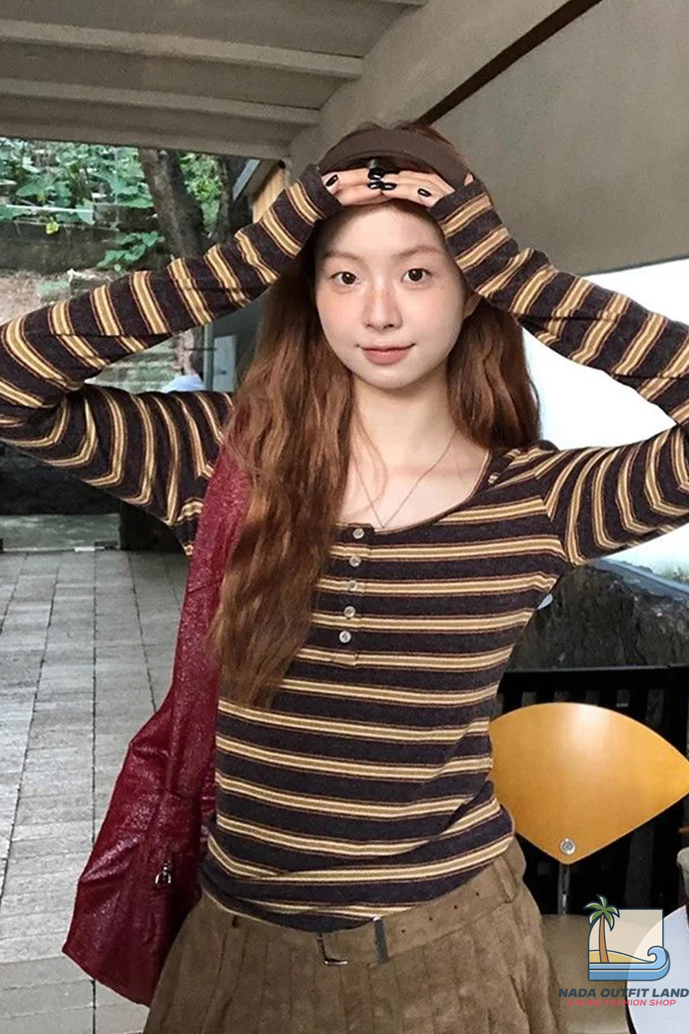 Long Sleeve U-Neck Retro Striped Shirt