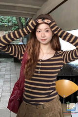 Long Sleeve U-Neck Retro Striped Shirt