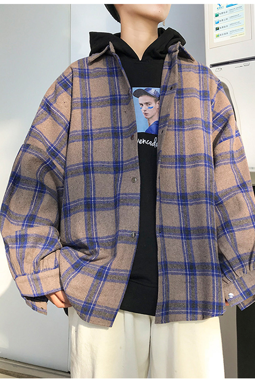 Long Sleeve Color Block Plaid Fleece Men Shirt