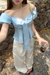 Sexy Slash Neck Puff Sleeve Cropped Shirt