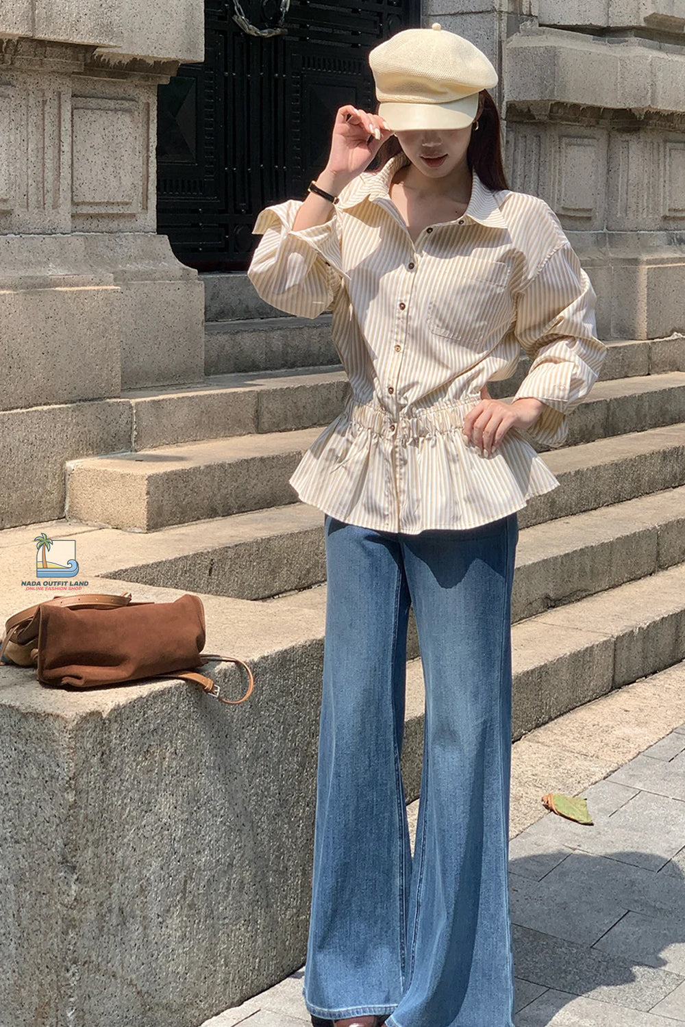 Long Sleeve Stripe Folds Ruffle Blouse Shirt