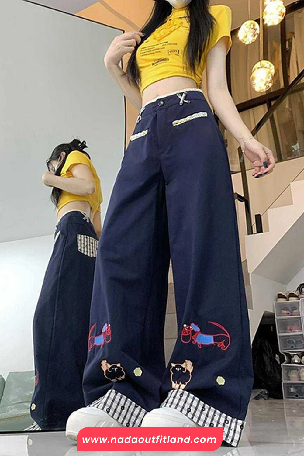 Cartoon Embroidered With Plaid Patchwork Loose Pants
