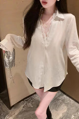 Long Sleeve Lace Patchwork Button Office Blouse Shirt