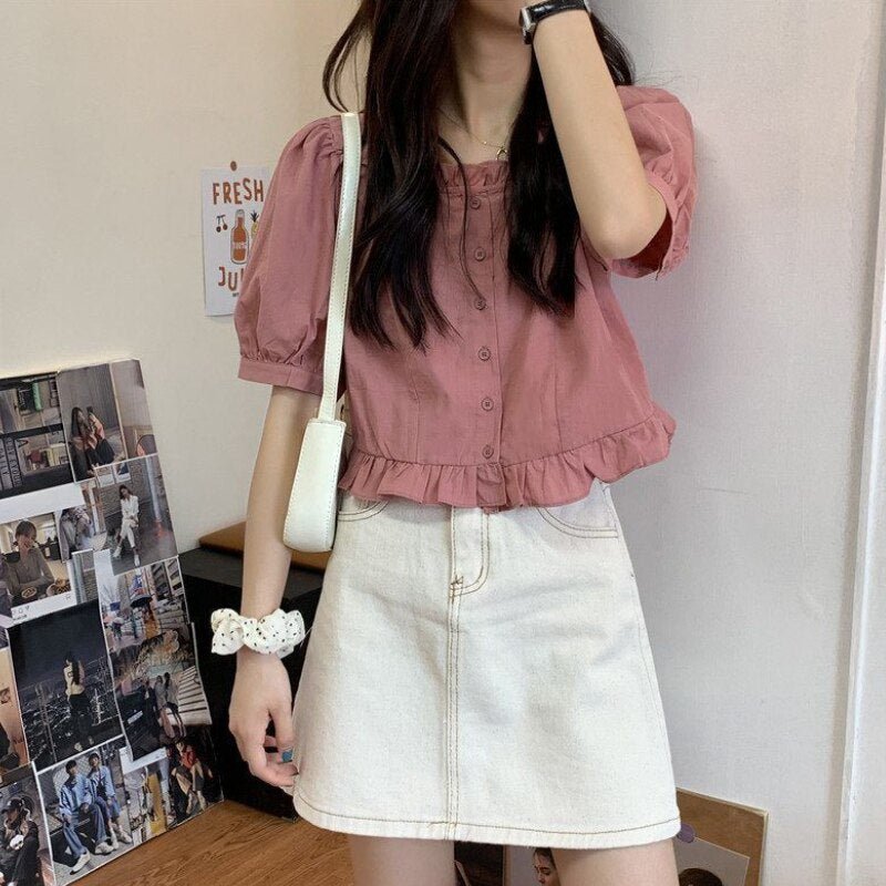 Short Sleeve Ruffle Design Blouse Shirts