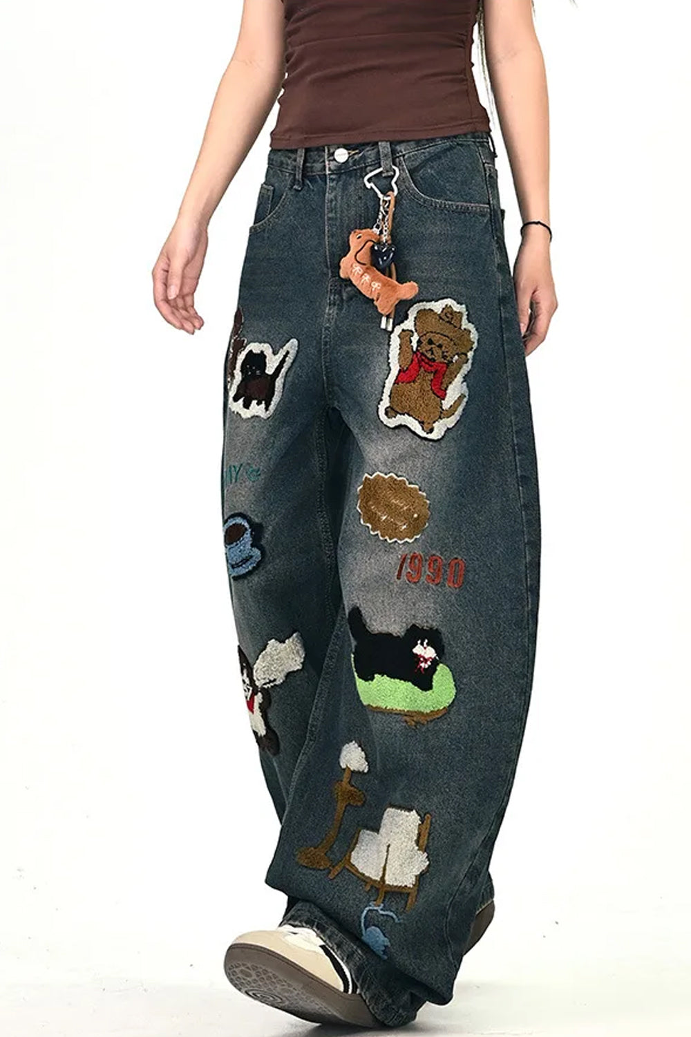 Loose Cartoon Embroidered Hip Hop Jeans Pants