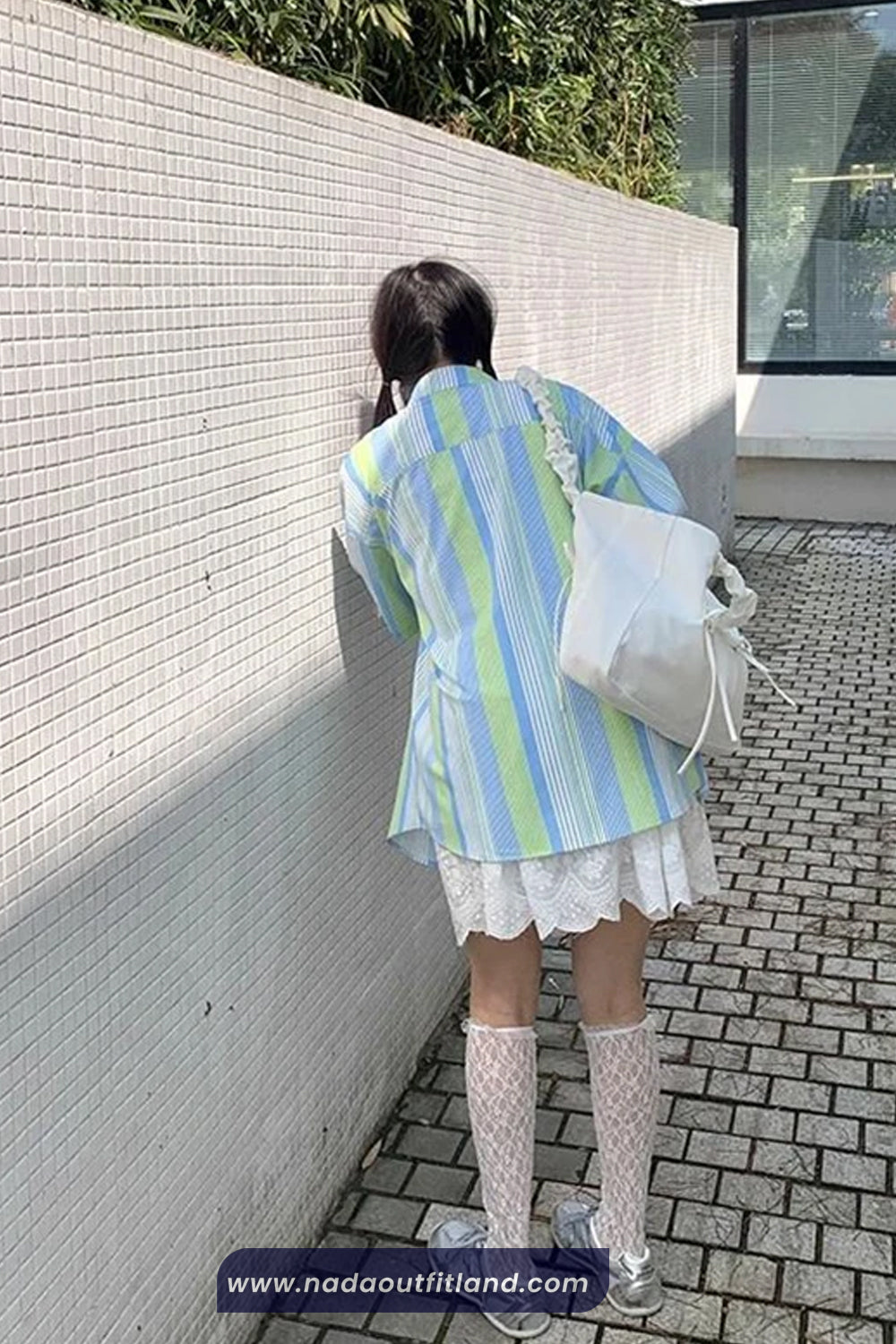 Short Sleeve Retro Green and Blue Striped Blouse Shirt