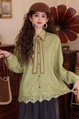 Long Sleeve Vintage Tie Patchwork Lace Blouse Shirt