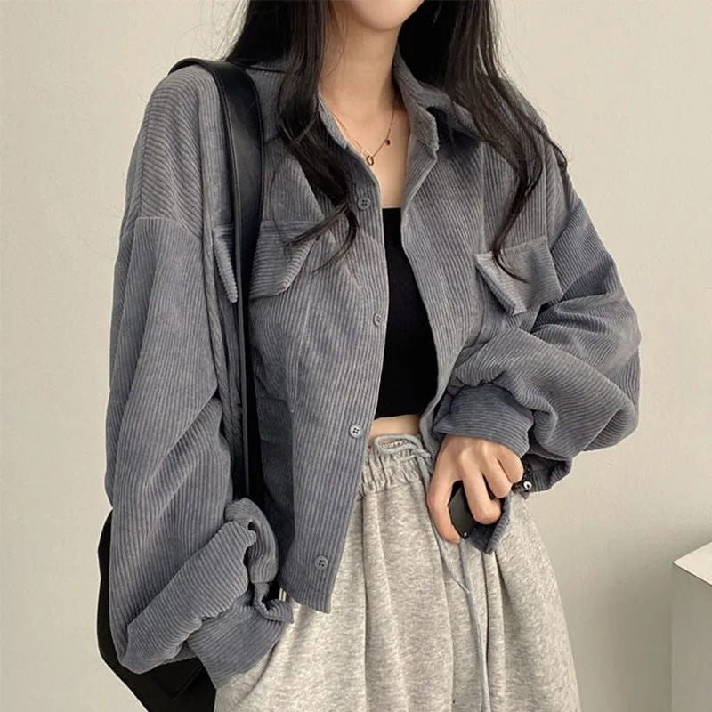 Retro Solid Cropped Corduroy Jackets