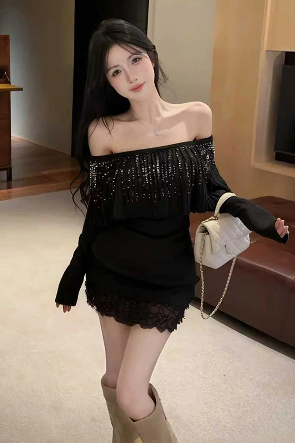 Sexy Off Shoulder Sequins Knitted Elegant Sweater