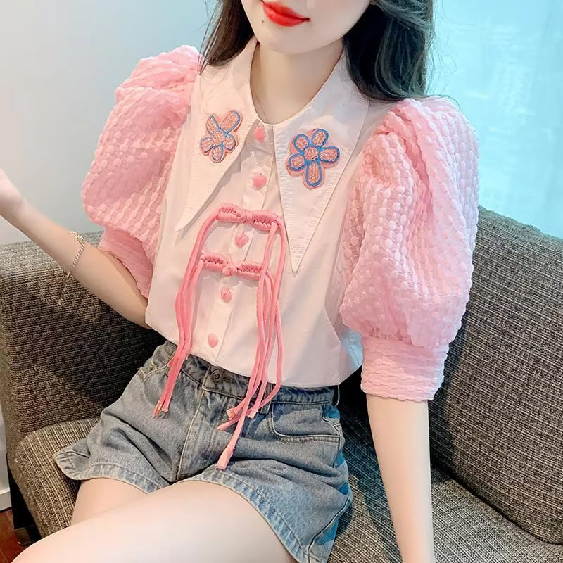 Puff Sleeve Floral Collar Blouse Shirt