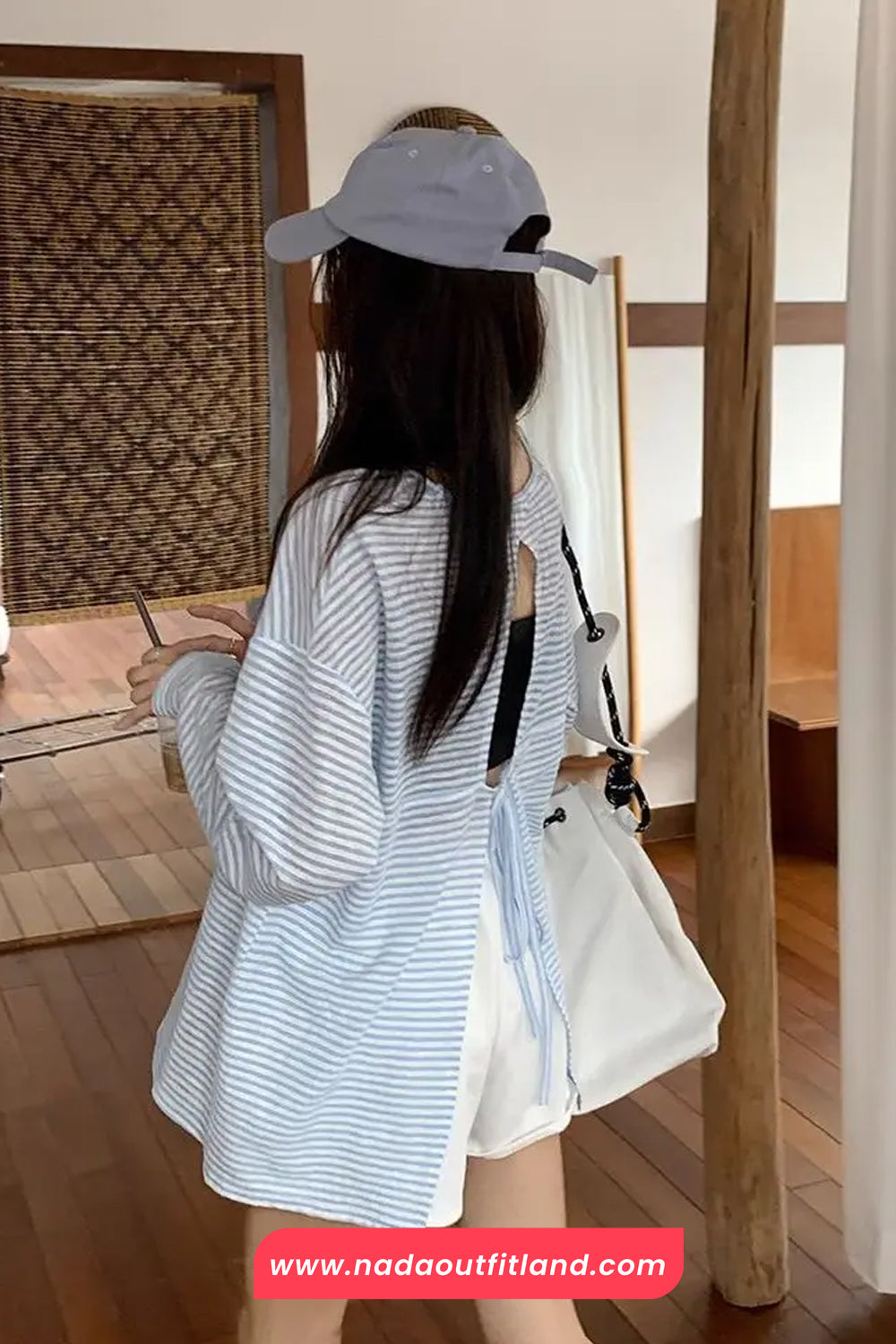 Long Sleeve Back Lace Tie Blue Striped Summer Shirts