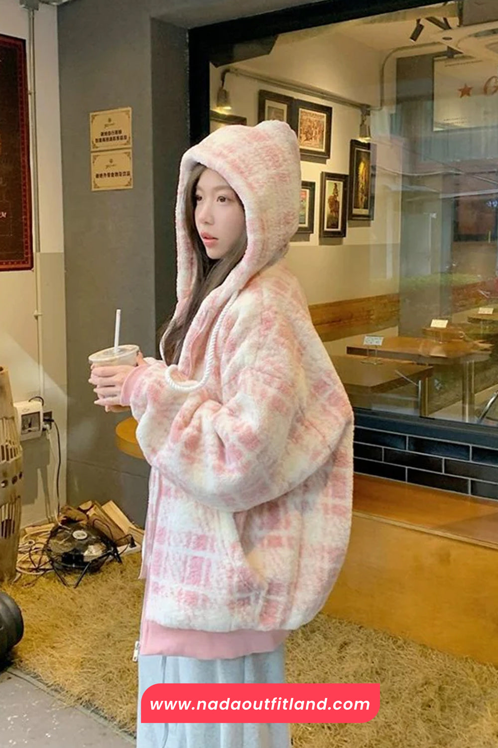 Loose Cute Pink Plaid Hooded Thick Jacket