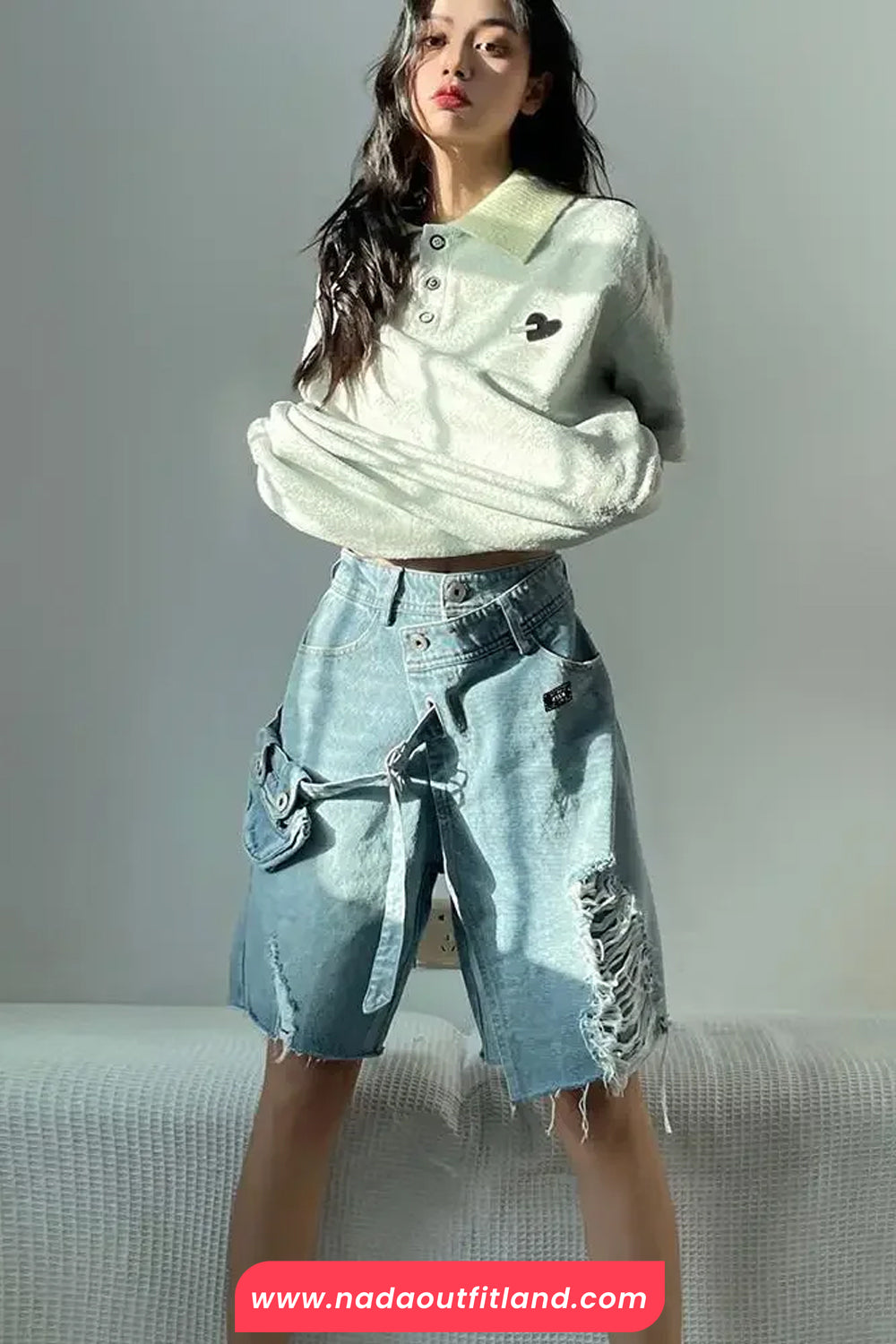 High Waist Irregular Style Ripped Denim Shorts