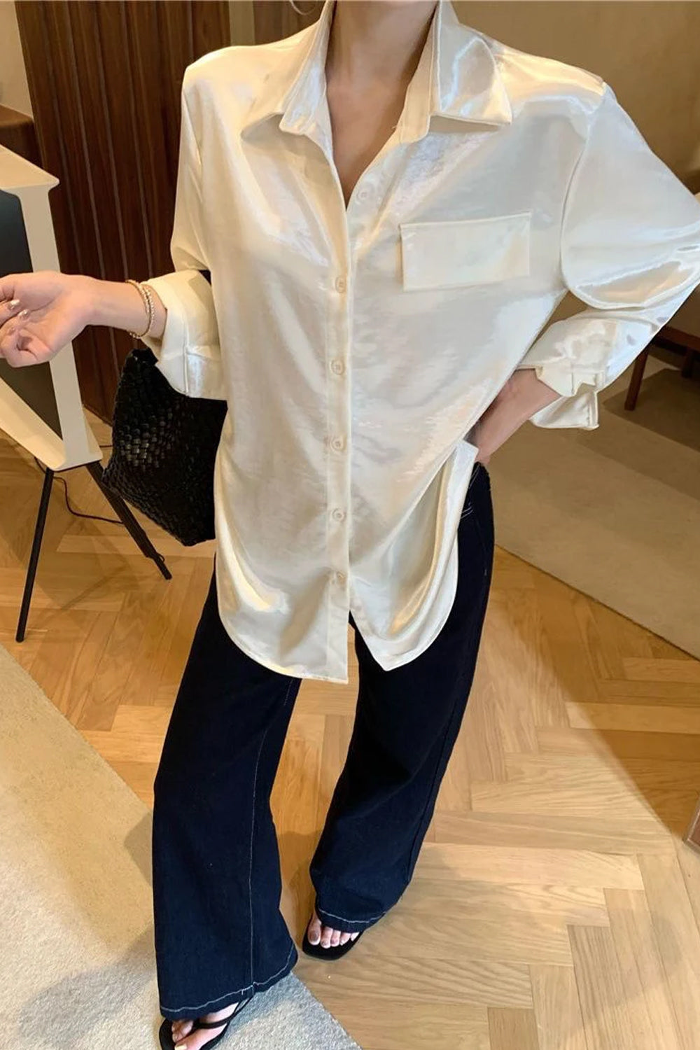 Long Sleeve Sexy Back Lace Transparent Satin Blouse Shirt