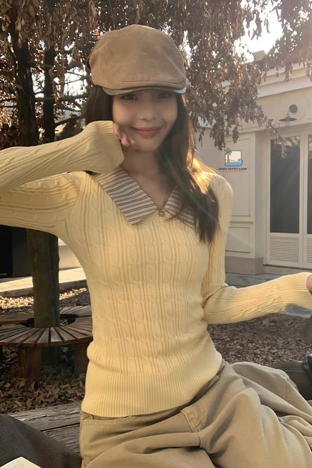 Long Sleeve Lapel Striped Collar Knitted Slim Sweater