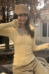 Long Sleeve Lapel Striped Collar Knitted Slim Sweater