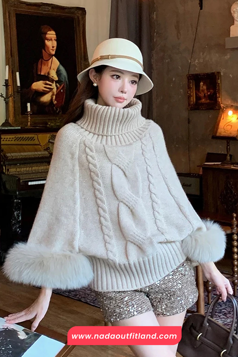 Long Sleeve Faux Fur Knitted Off Shoulder Sweater
