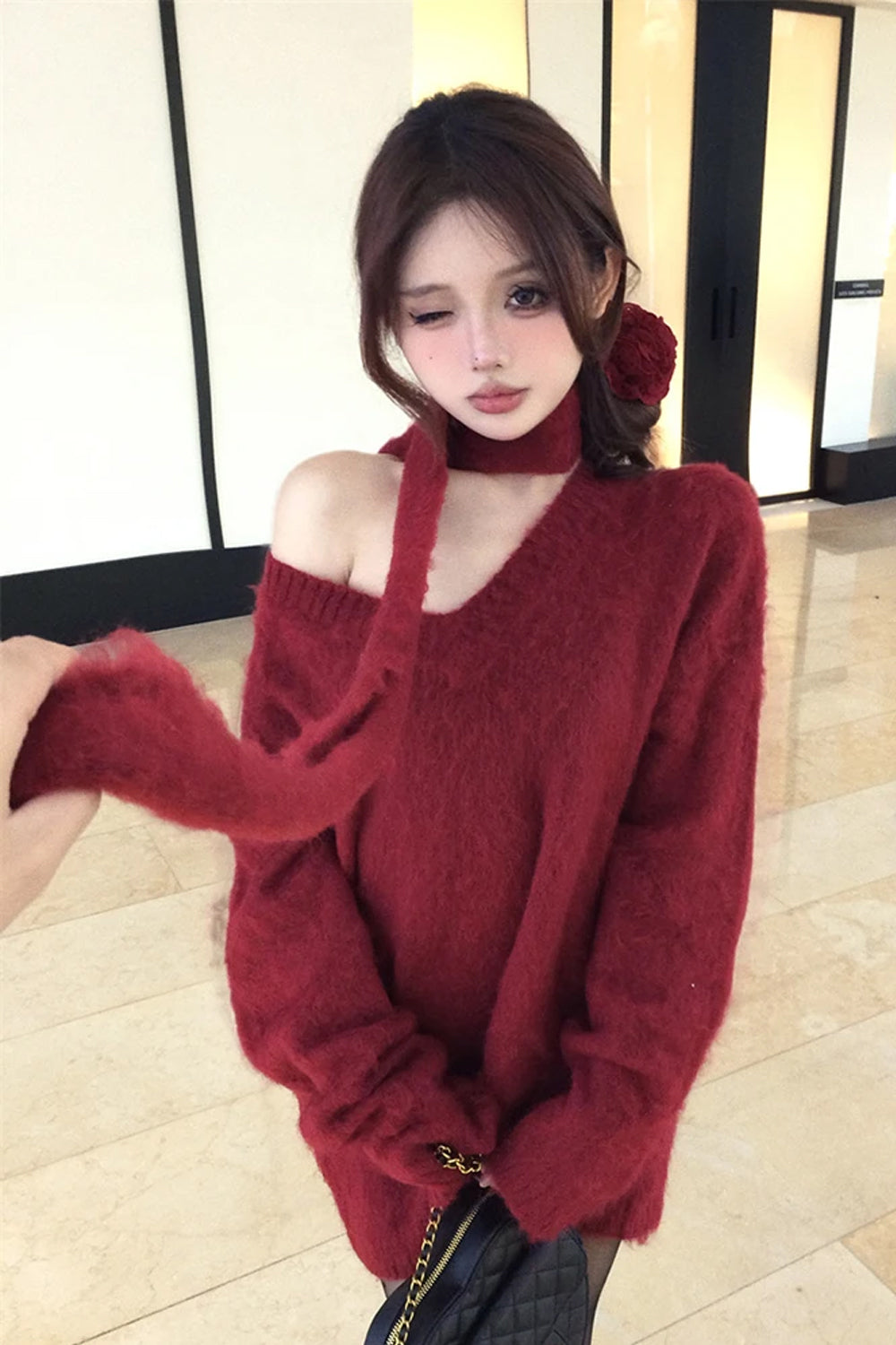 Long Sleeve Off Shoulder Knitted Sweater With Scarf