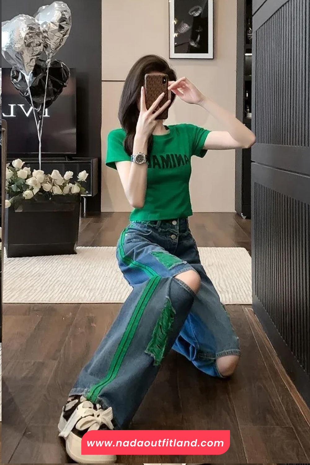 High Waist Green Ripped Hole Jeans Pants