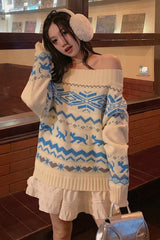 Sexy Slash Neck Retro Pattern Knitted Sweater
