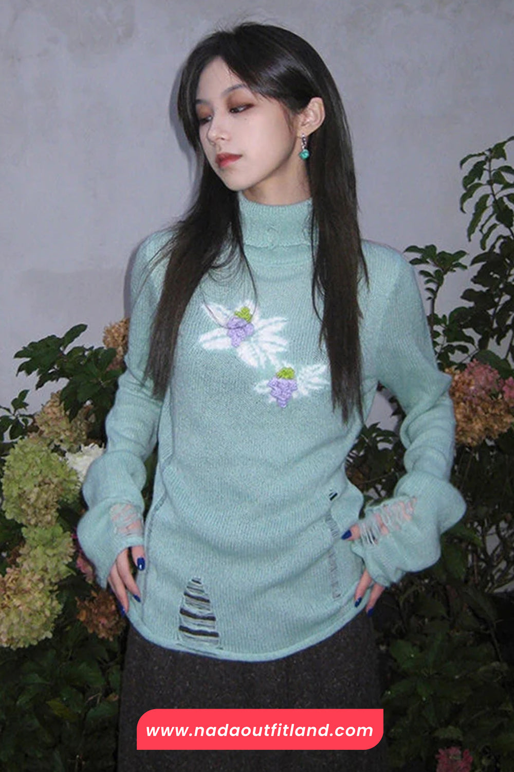 Long Sleeve High Neck Floral Knitted Ripped Sweater