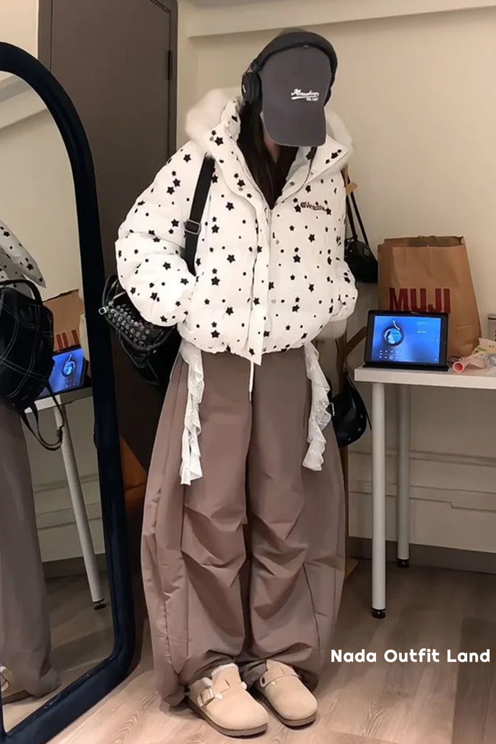 Retro Stars Pattern Cute Rabbit Ears Hooded Parkas Jacket