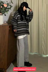 Loose V-Neck Retro Striped Sweater
